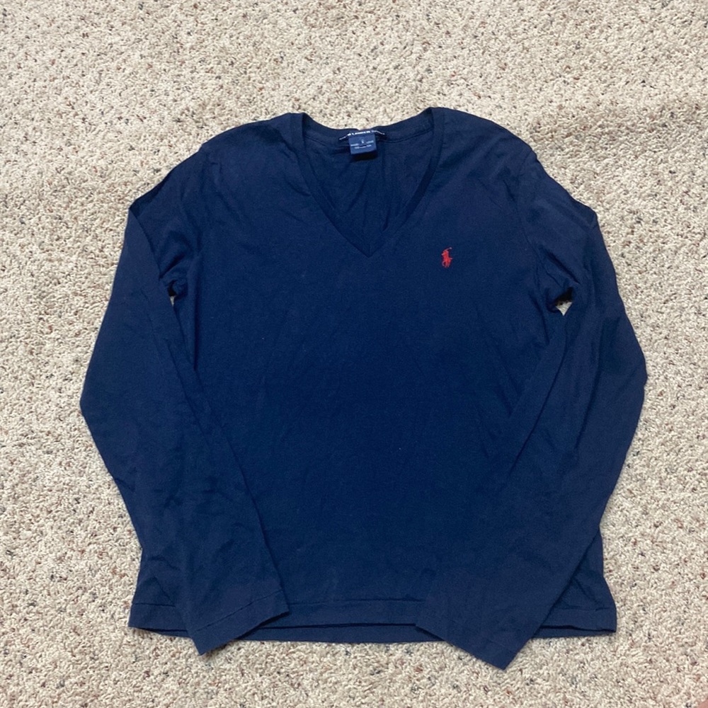 Ralph Lauren navy V-neck long sleeve tee with red horse